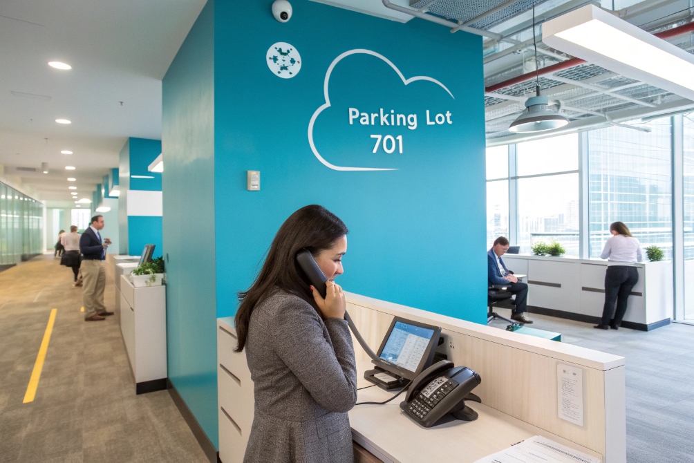 Receptionist using IP desk phone at modern office call parking area
