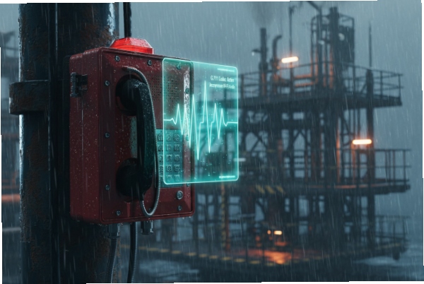Weatherproof SIP emergency phone Weatherproof SIP emergency phone in heavy rain at industrial plant site