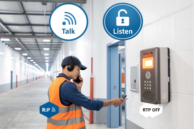Warehouse worker using DJSlink SIP intercom for push to talk and listen monitoring