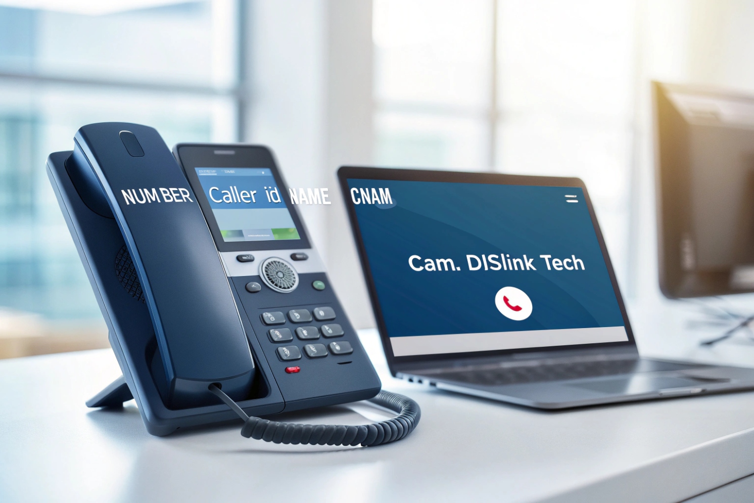 Desk IP phone and laptop showing caller ID number and CNAM name