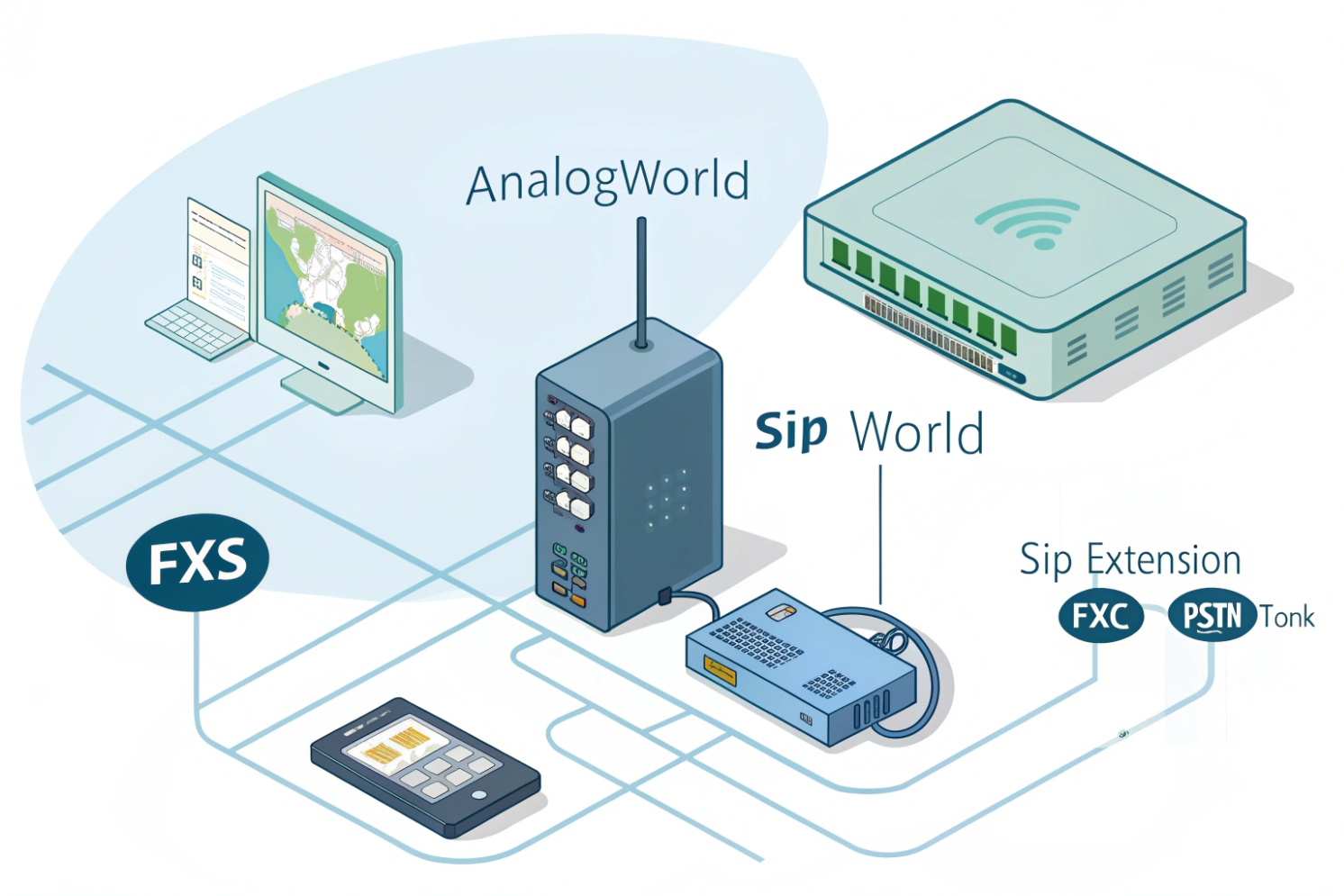 Diagram showing FXS gateway bridging analog world devices to SIP world network