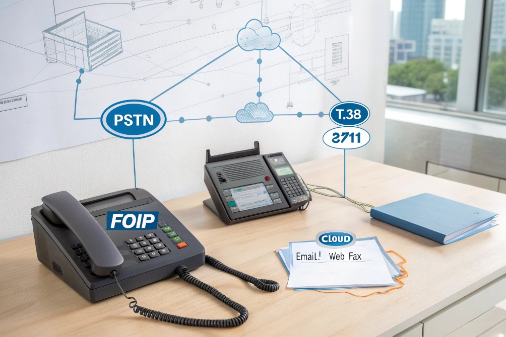 FOIP fax machine connecting PSTN T.38 gateway and cloud email web fax services