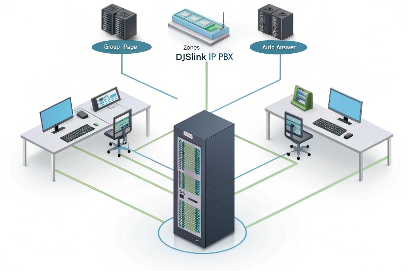 DJSlink IP PBX connecting operator consoles with group paging zones and auto answer endpoints