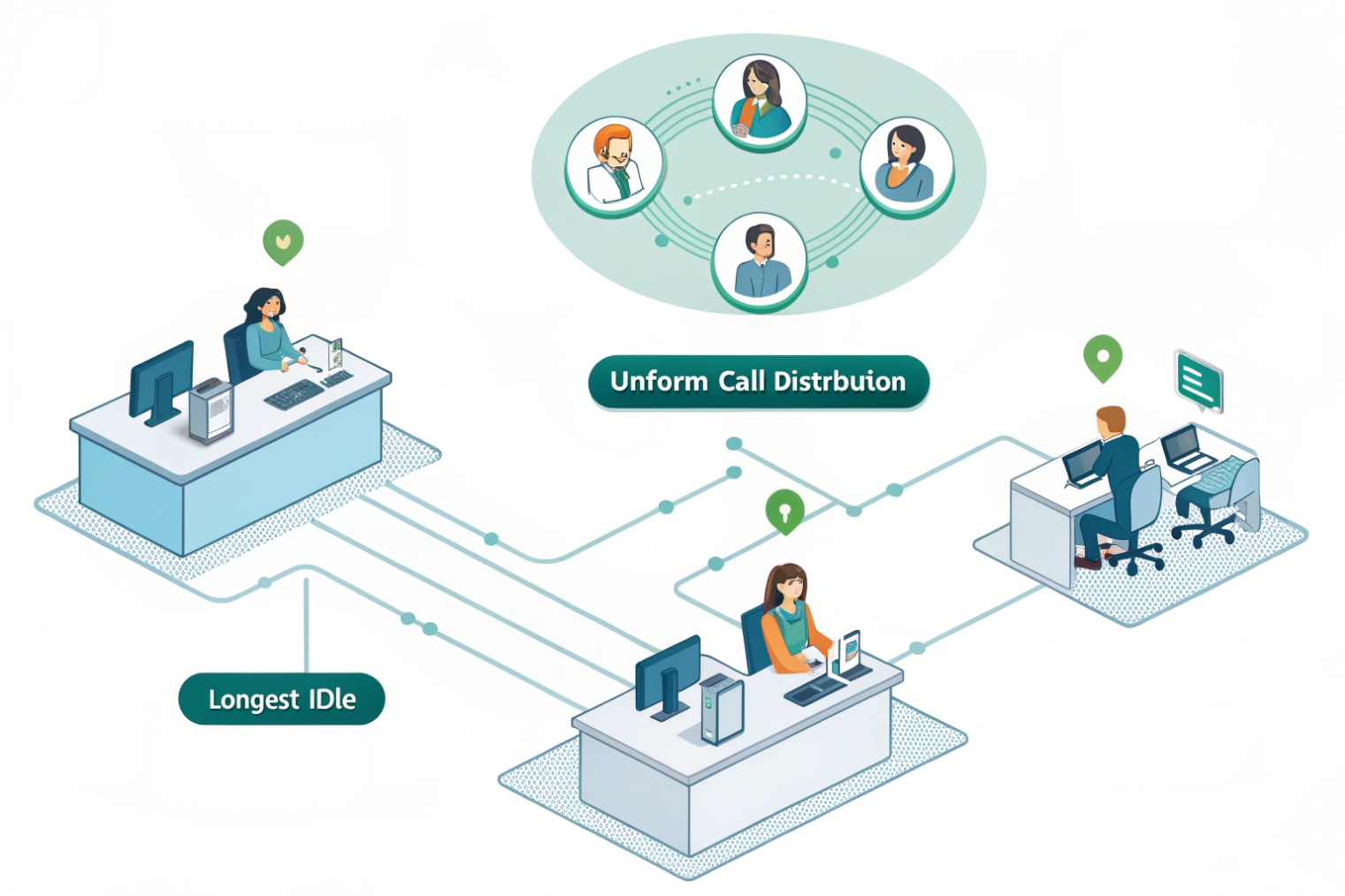 Contact-center agents connected by routing lines, illustrating uniform call distribution and the “longest idle” agent selection across several desks