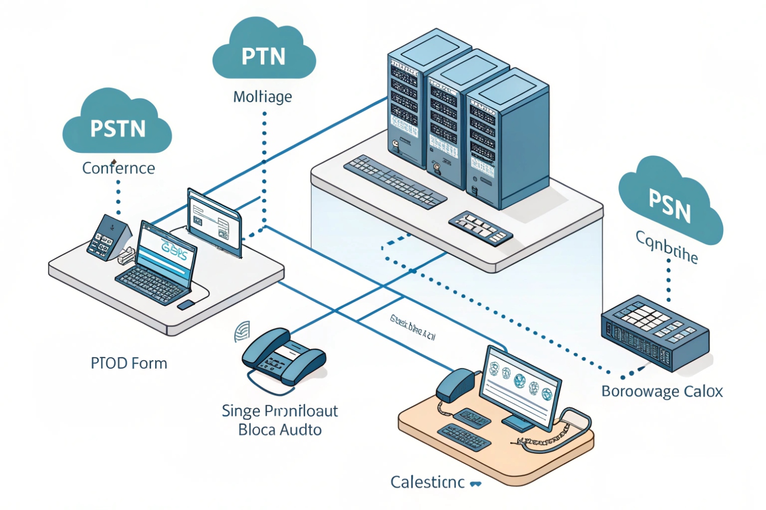 Isometric telecom network diagram connecting PSTN, PTN, and PSN clouds through a central server cluster to laptops, desk phones, and consoles on different workstations