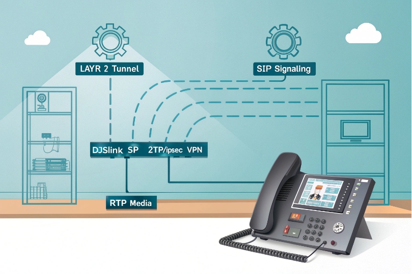 DJSlink SIP desk phone showing Layer 2 tunnel, SIP signaling and RTP media flow