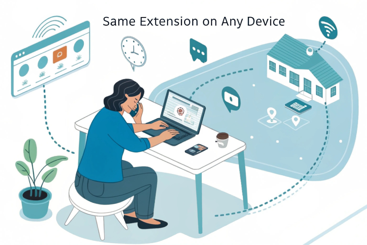 Remote worker using unified VoIP extension from laptop and mobile at home