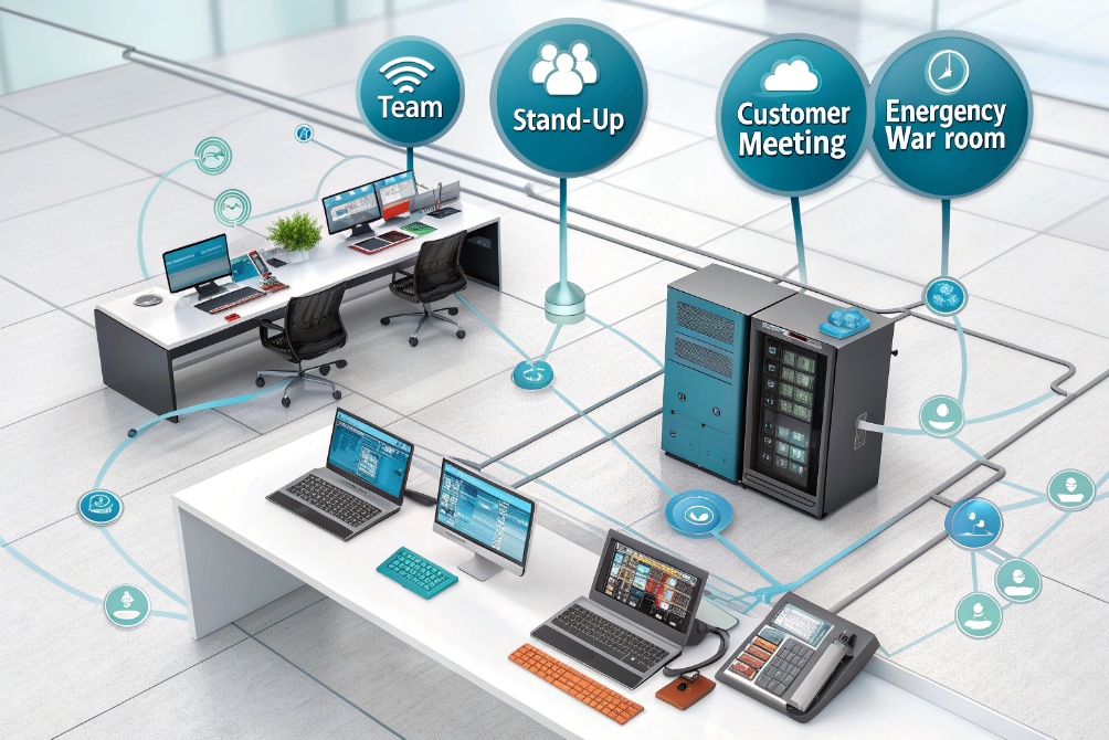 Unified communication control room with laptops, IP PBX server and meeting type labels