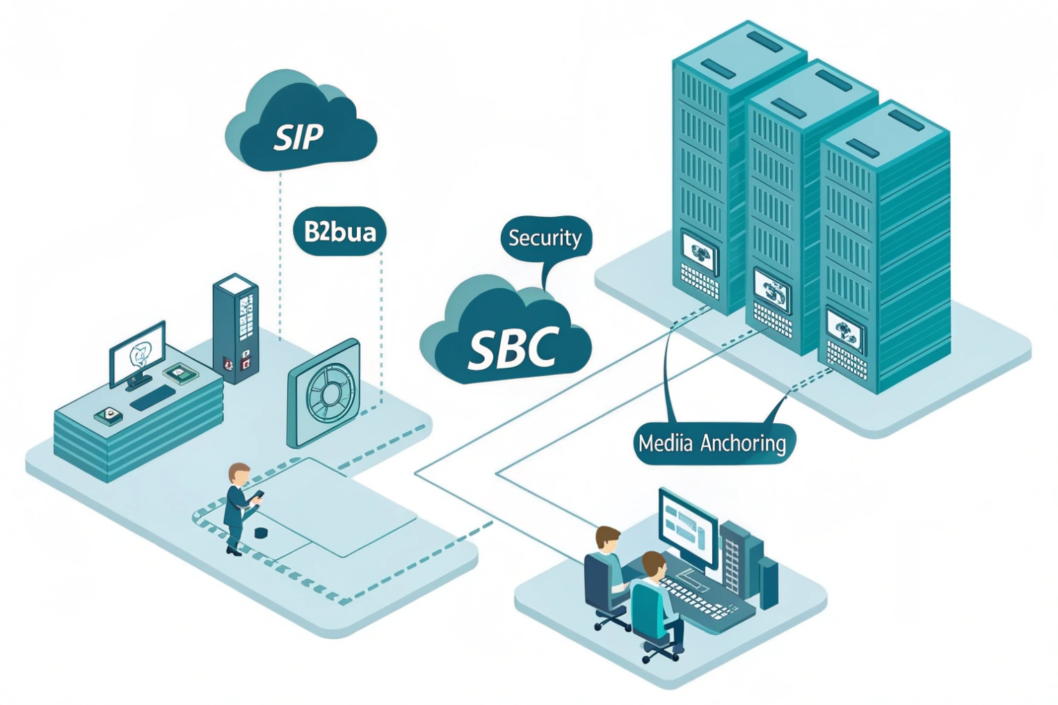 SIP B2BUA SBC security diagram with media anchoring between branches and data center