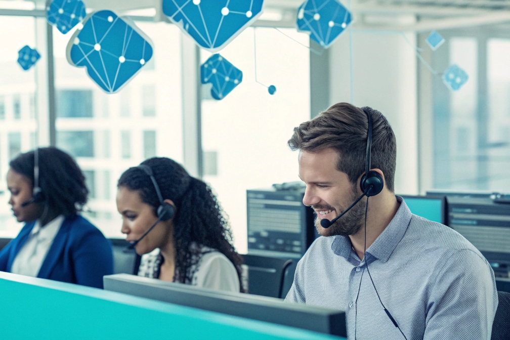 VoIP call center support team using headsets in modern network operations office
