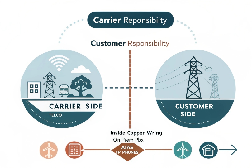 Carrier vs customer responsibility diagram showing demarcation between telco carrier side and customer side over inside copper wiring, ATAs, and IP phones