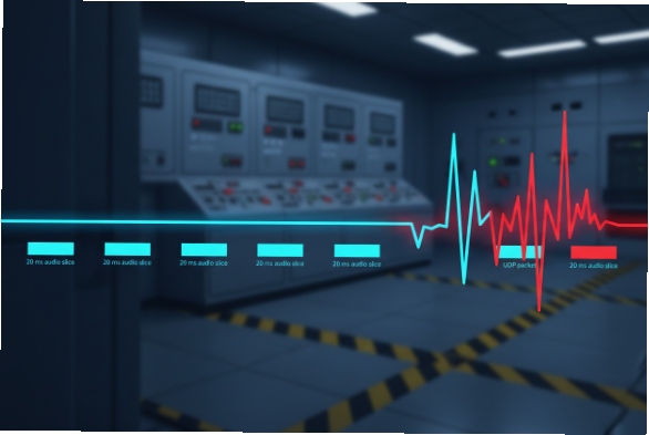 VoIP audio waveform showing packet loss spikes in industrial control room network