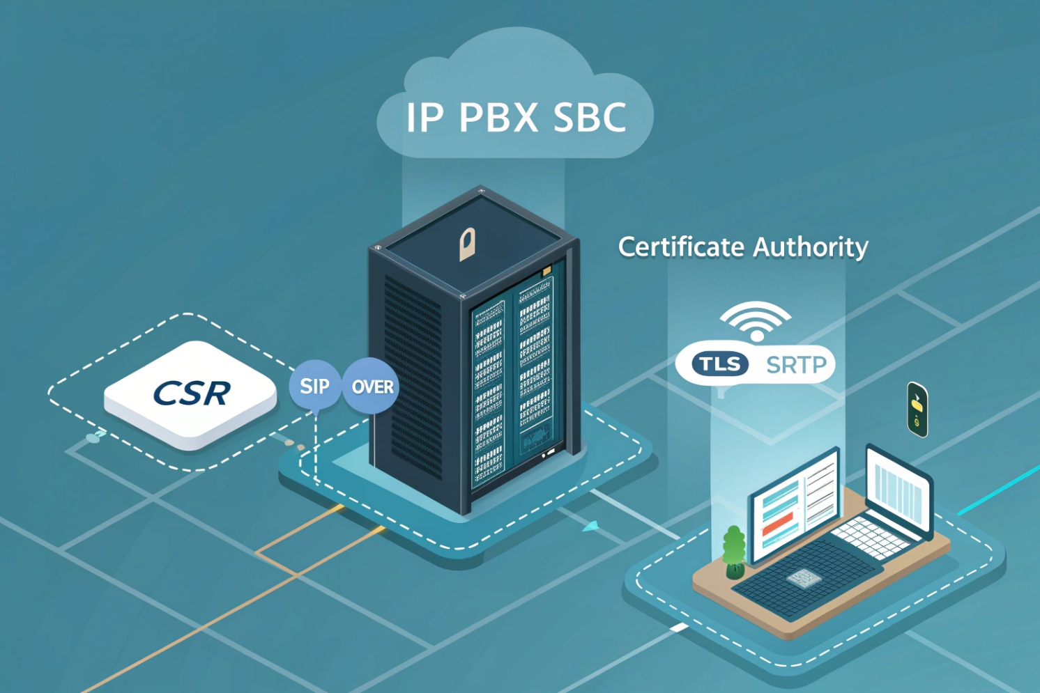 Diagram of an IP PBX / SBC server in a cloud network requesting a CSR and using a certificate authority workstation to enable SIP over TLS and SRTP encryption