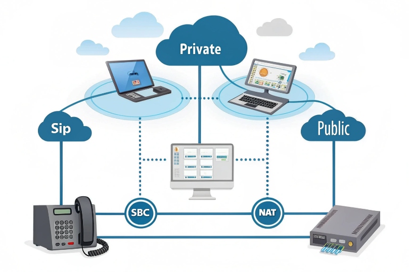 Diagram showing SIP phone, SBC, NAT device, and laptops in private and public clouds illustrating SIP traffic crossing NAT