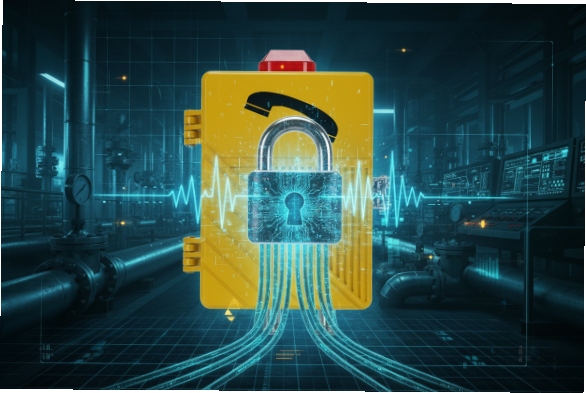 Explosion-proof SIP phone with cybersecurity lock icon in industrial control room