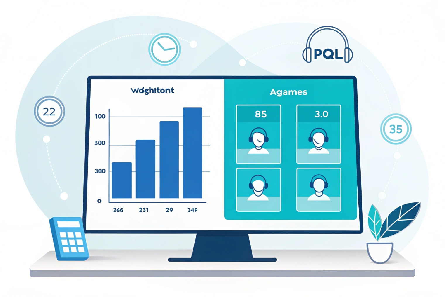 Call-center performance dashboard on a desktop monitor showing a bar chart of queue stats on the left and four agent tiles with headset icons and KPIs on the right, surrounded by circular time and count indicators and a headset icon labeled PQL