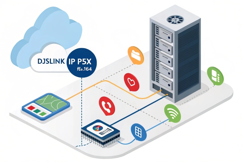 Cloud-based DJSLINK IP P5X platform routing E.164 voice, messaging, and app traffic through a data center server
