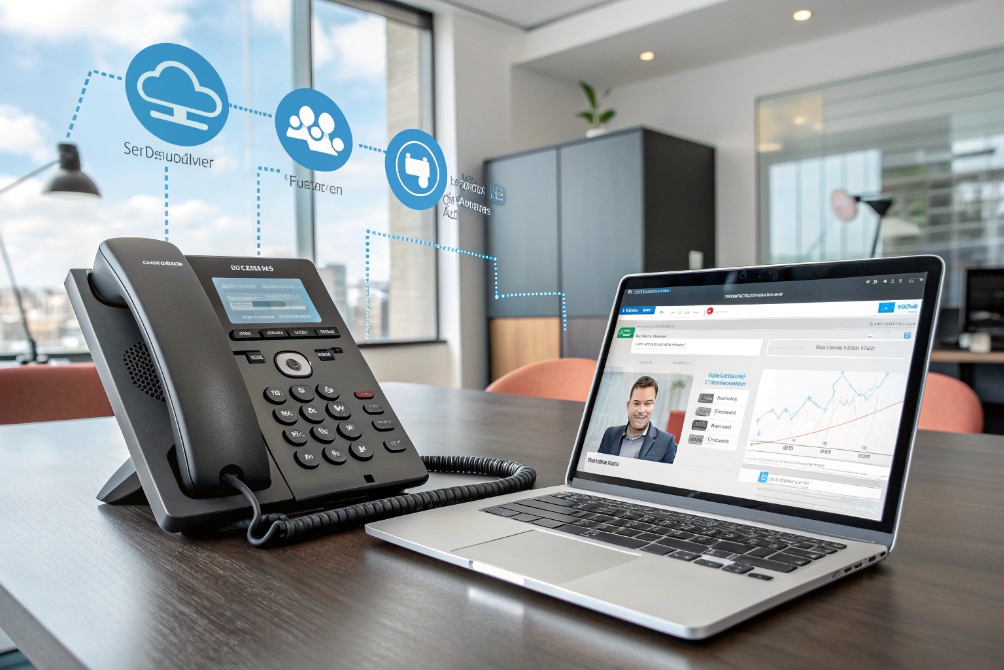 VoIP phone and laptop showing communication cloud service