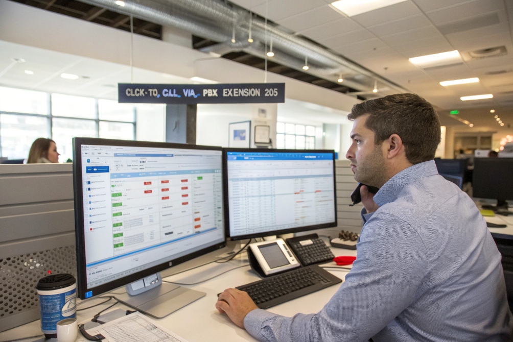 Call center supervisor using dual monitors and IP phone for PBX click to call