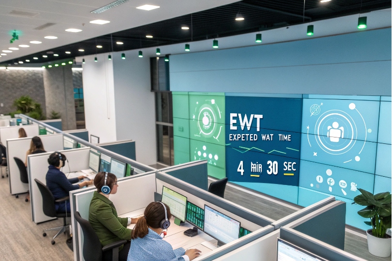 Modern contact center agents monitoring dashboards with large EWT expected wait time wall display