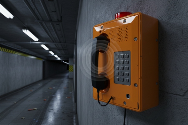Orange SIP emergency phone mounted in tunnel, showing loudspeaker sound wave coverage
