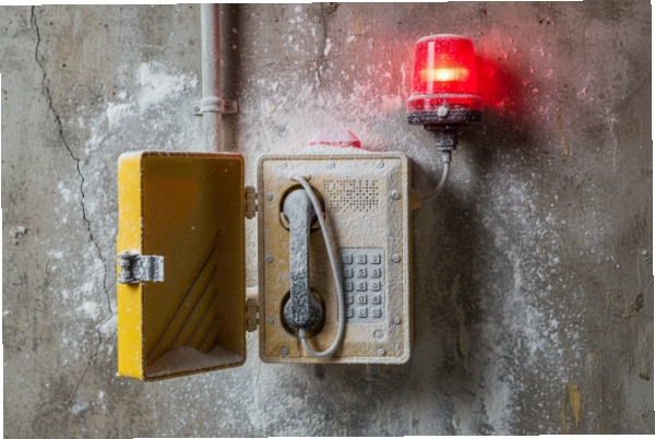 Industrial emergency phone with open cover and red strobe beacon on concrete wall