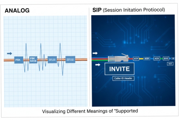 Analog FSK caller ID versus SIP INVITE header diagram explaining supported features