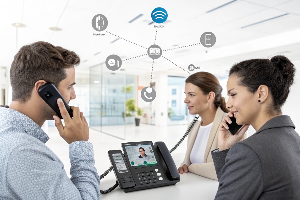 Office team collaborating with IP phones and communication network