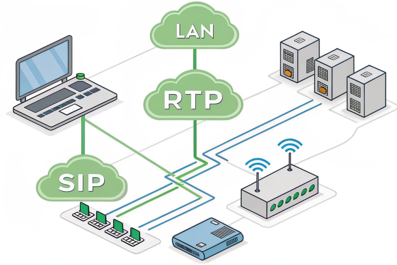 VoIP network diagram showing SIP signaling, RTP media, LAN and servers