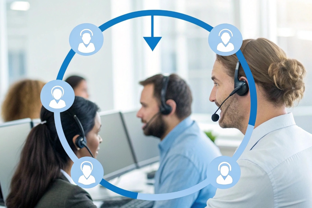 Call center agents with headsets showing circular automatic call distribution workflow overlay