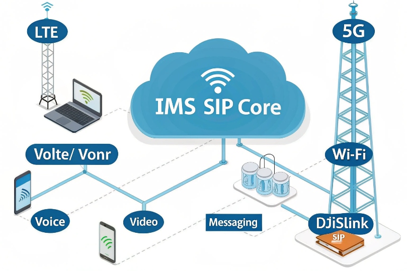 IMS SIP core connecting LTE, 5G, Wi-Fi and DJSlink SIP devices for voice, video, messaging