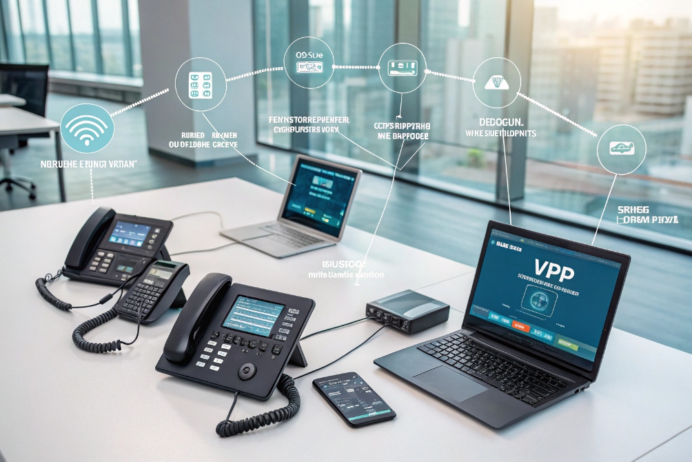 Office desk with VoIP IP phones, laptops and unified communication network overlay