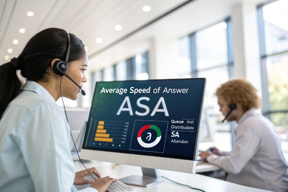 Call center agent monitoring Average Speed of Answer (ASA) on screen