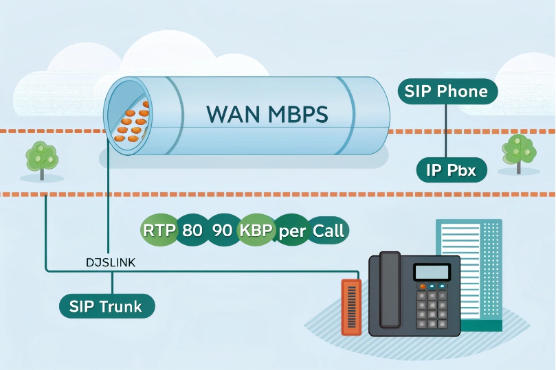 Diagram of WAN bandwidth pipe showing SIP trunk from DJSlink, SIP phone and IP PBX using about 80–90 Kbps RTP per VoIP call