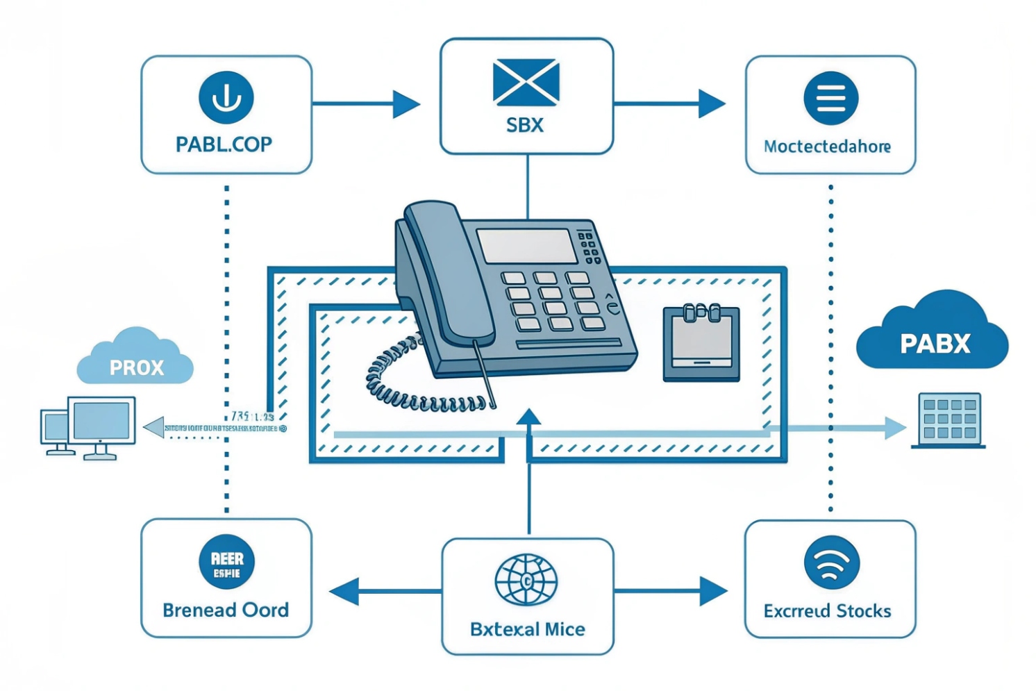 SIP desk phone integrated with PBX voicemail proxy server and external services diagram