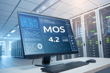 DJSlink VoIP call quality dashboard showing MOS 4.2 on monitor in data center