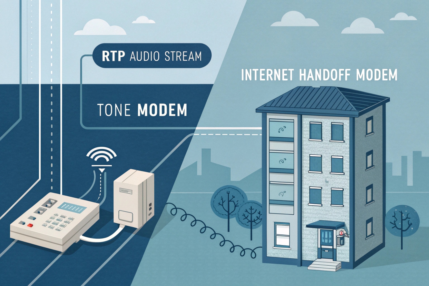 RTP audio stream tone modem connecting alarm panel to internet building