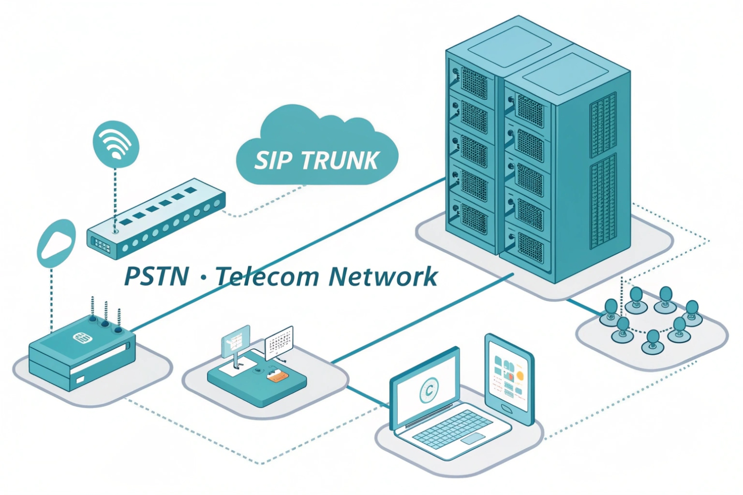 Diagram showing a SIP trunk connection between a telecom provider data center and various customer-premises devices over the PSTN / telecom network, including routers, gateways, laptops and a group of phone users