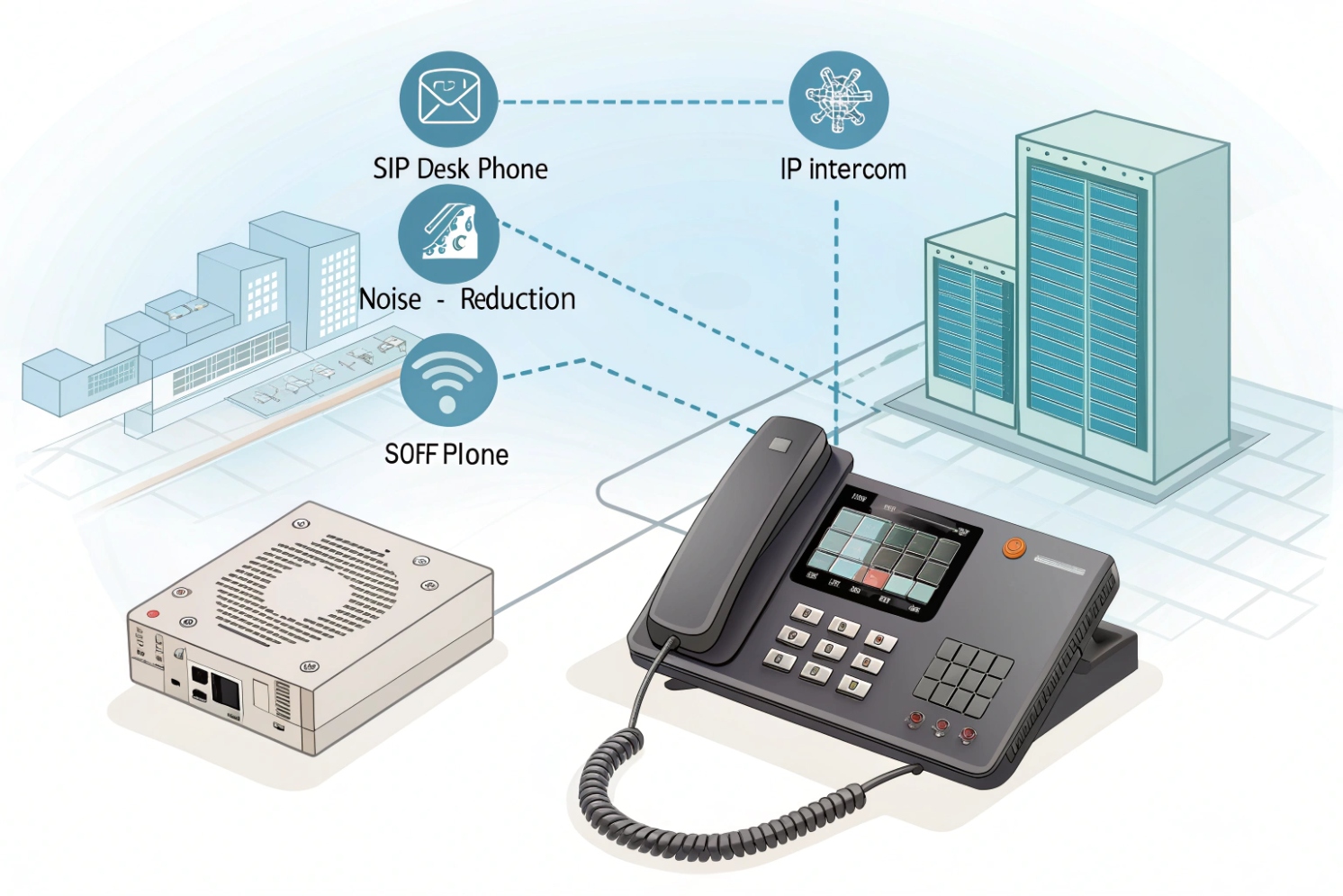 SIP desk phone with noise reduction linked to IP intercom and softphone