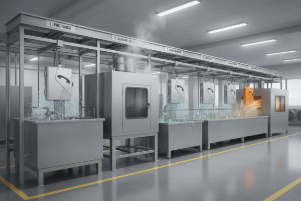 Automated washdown line testing waterproof SIP emergency phones in multi-stage rinse chambers