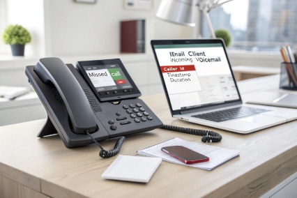 IP desk phone and laptop showing missed call alert and email voicemail details