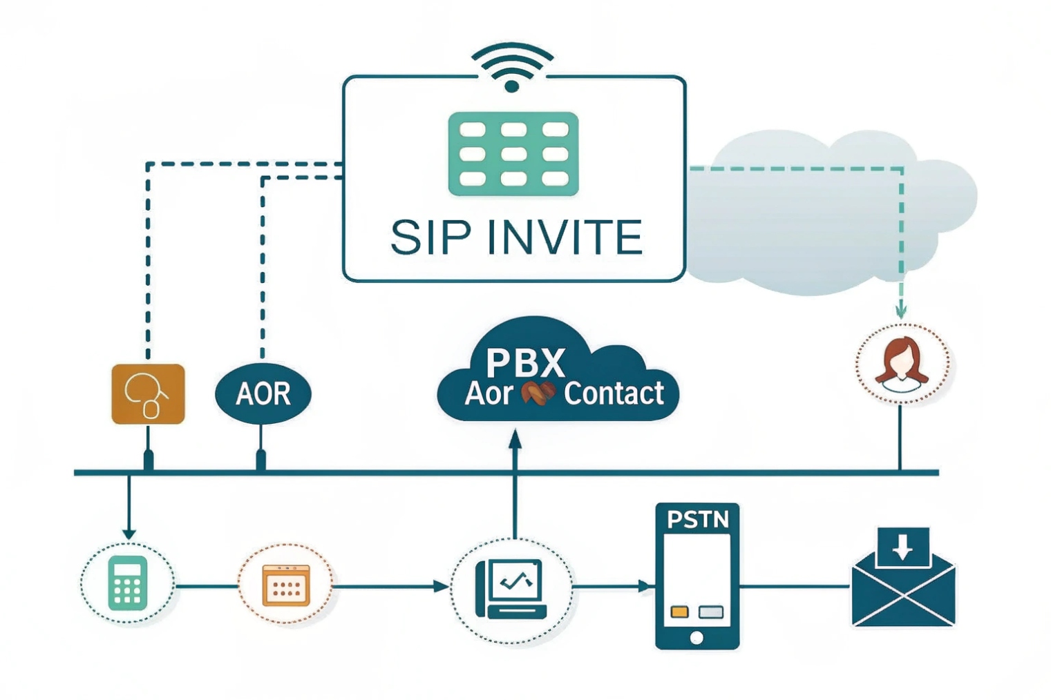 SIP INVITE routing from PBX AOR contacts to PSTN and voicemail destination