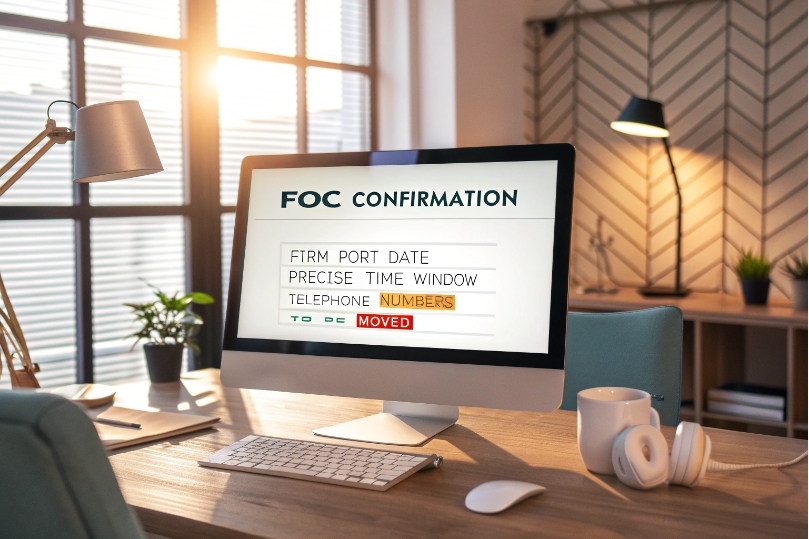 Desktop computer showing FOC confirmation screen for scheduled telephone number porting