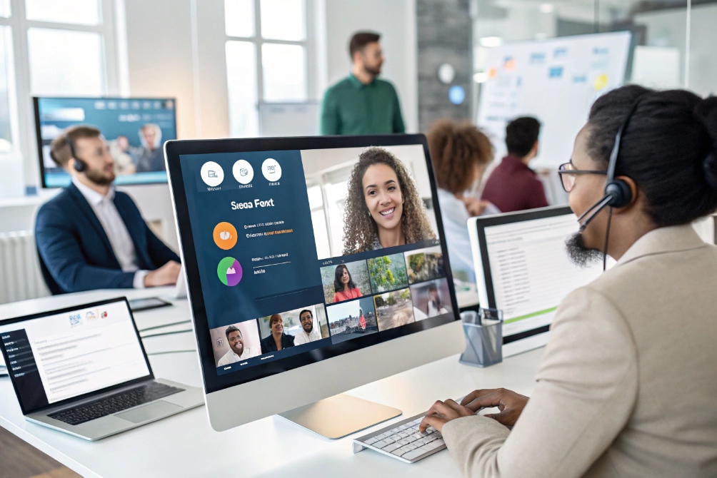 Video conferencing with team and a customer service agent working