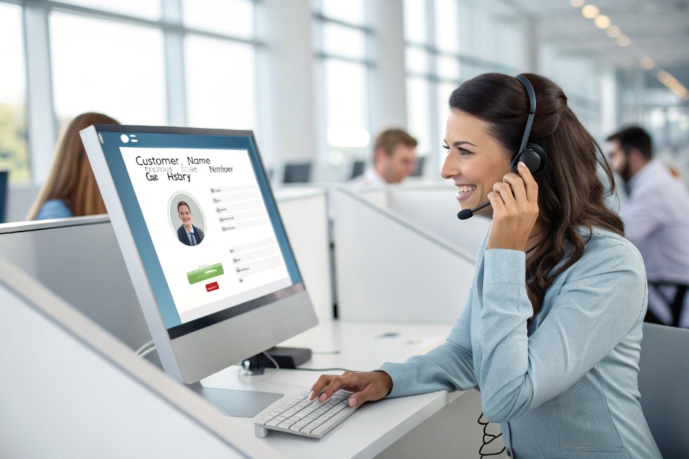 Customer service agent smiling while using headset and computer