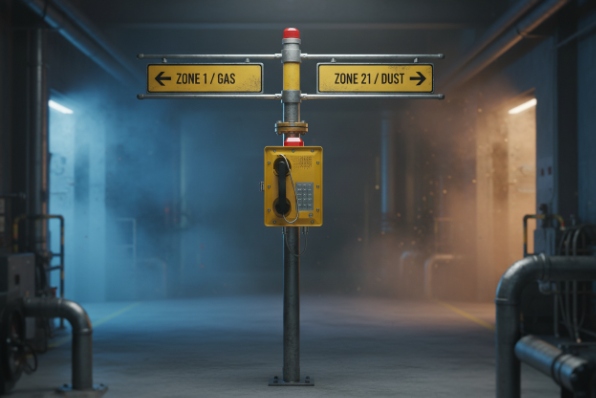 Hazardous area emergency phone on pole with signs for Zone 1 gas and Zone 21 dust