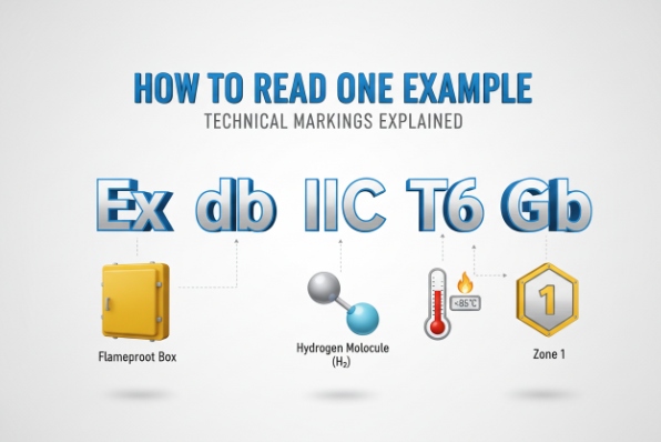 Infographic explaining Ex db IIC T6 Gb marking with flameproof, gas group, and Zone 1