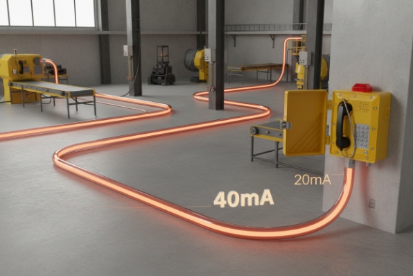 Long loop current drop visualization from 40mA to 20mA across multiple phones