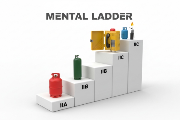Mental ladder graphic ranking gas groups IIA, IIB, and IIC with explosion-proof phone on top