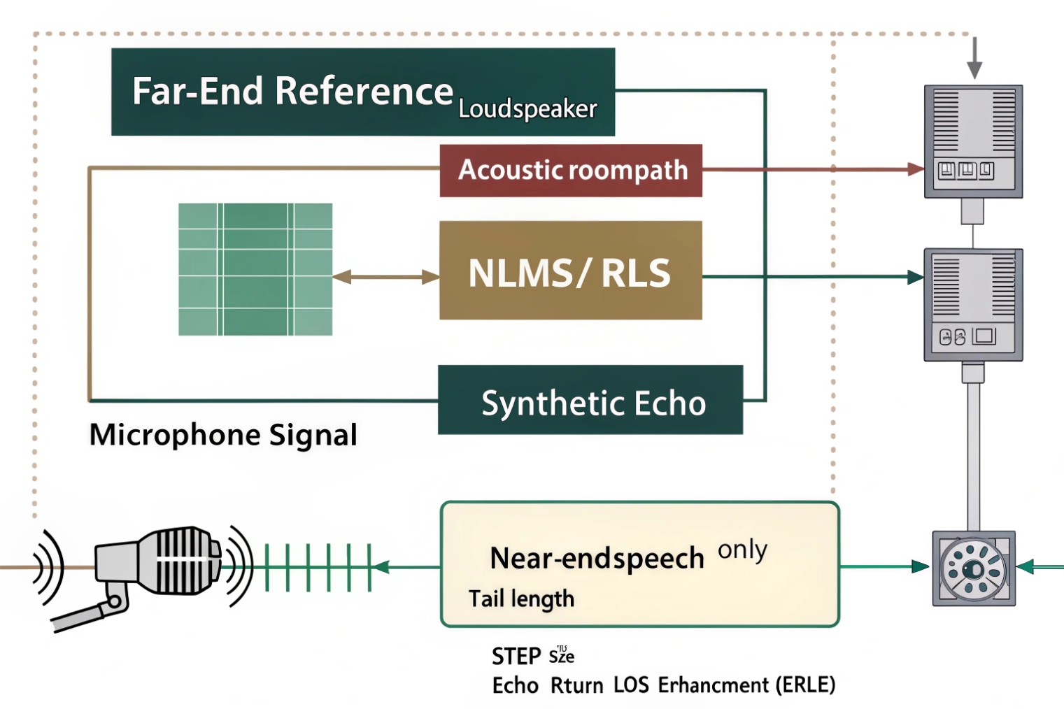 Adaptive AEC block diagram with far end reference loudspeaker and synthetic echo filter